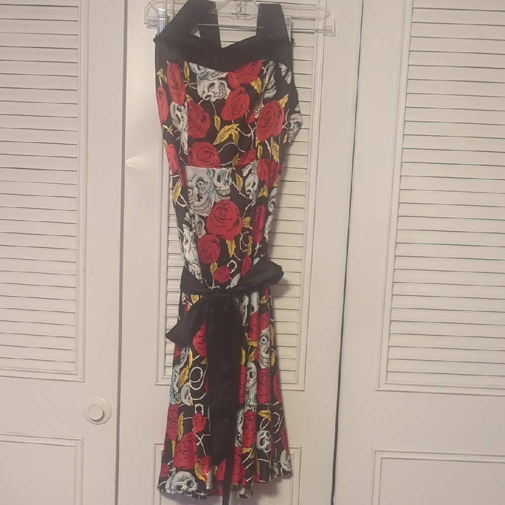 Floral Skull Strapless Dress with Red and Black Accents